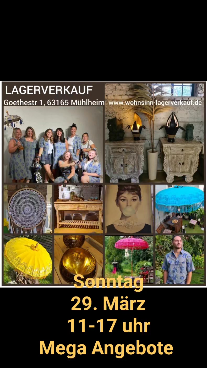 Kommt am Sonntag zahlreich und bringt Freunde mit. Mühlheim am Main, Goethestr 1
Am Wasserturm
Wohnsinn. Mühlheim Lagerverkauf mit tollen Angeboten. Bitte teilen für Interessierte Freunde. Mit Kaffee und Waffeln für unsere Kunden
#zilch #blutsgeschwister #bembel #bembelhemd #wohnsinn #lagerverkauf #mühlheim