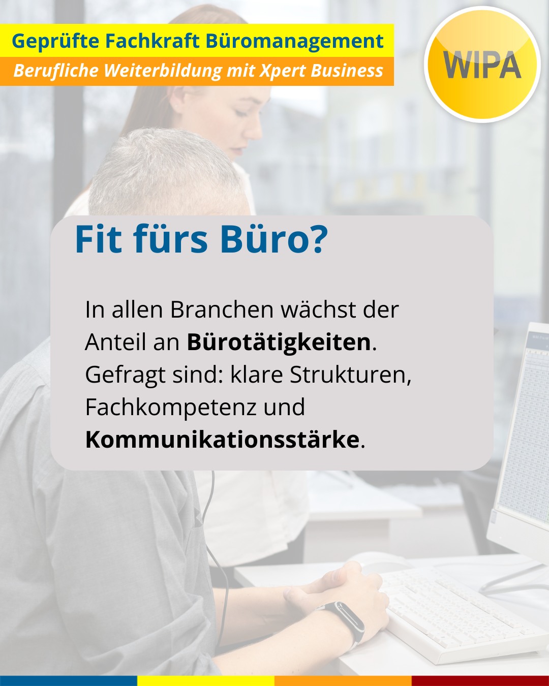 ✨ Starte deine Karriere im Büromanagement – jetzt modular & praxisnah! ✨
Du willst dein Büro professionell managen, liebst Struktur, Zahlen, Kundenkontakt und Marketing? Dann ist die Weiterbildung „Geprüfte Fachkraft Büromanagement (Xpert Business)“ bei WIPA Berlin genau dein nächster Schritt! 🚀
📚 Warum dieser Kurs?
• Bundesweit anerkanntes Xpert-Business-Zertifikat
• Praxistraining in unserer Übungsfirma (Finanzen, Personal, Marketing, Sekretariat)
• Spezialisierung in Finanzbuchhaltung, Büroorganisation & Unternehmensführung
• Top-Vorbereitung für Berufseinstieg oder beruflichen Aufstieg
• 100 % förderbar mit Bildungsgutschein (Jobcenter/Agentur für Arbeit)
📆 Kurstermine 2026:
• 09.02.2026 – 20.07.2026
• 18.05.2026 – 16.11.2026
• 31.08.2026 – 26.02.2027
• 17.11.2026 – 05.05.2027
⏰ Unterrichtszeiten:
Montag–Freitag, 08:15–15:15 Uhr
Dauer: 6 Monate (Fachkraft)
🖥️ Du lernst u. a.:
Microsoft Office (Word, Excel, PowerPoint, Outlook), Finanzbuchhaltung, Marketing/Vertrieb, Personalwesen, Warenwirtschaft, Unternehmensorganisation u. v. m.
💡 Keine Vorkenntnisse nötig – nur Motivation & Deutsch B2.
📍 WIPA Berlin – Lichtenberg
Jetzt informieren & Starttermin sichern!
📞 030 557414 24
📧 amdl@wipa-berlin.de
#Büromanagement #XpertBusiness #WeiterbildungBerlin #WIPABerlin #Finanzbuchhaltung #OfficeManagement #Bildungsgutschein #Weiterbildung2026 #KarriereStart #UmschulungBerlin #BeruflicheWeiterbildung #BerlinJobs