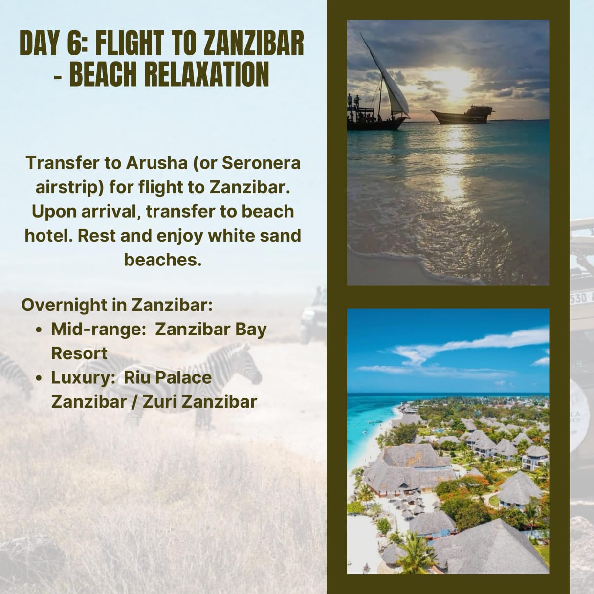 Experience the perfect harmony of adrenaline and serenity with our 9-day "Wild & White Sands" journey. Witness the "Big Five" roam the untamed plains of the Serengeti, then trade your safari khakis for swimwear on the powder-white shores of Zanzibar.
🎥Join us for an authentic Tanzanian experience, where every adventure tells a story.
📞 Contact & Bookings:
🌍 Website: www.rockyafricaexperience.com
📧 Email: info@rockyafricaexperience.com
📱 Phone/WhatsApp: +255 713550312
Follow us for more stories and adventure inspirations!
#RockyAfricaExperience
#WildAndWhiteSands
#TanzaniaSafari
#SerengetiNationalPark
#NgorongoroCrater
#ZanzibarEscape
#BushAndBeach
#LuxurySafar