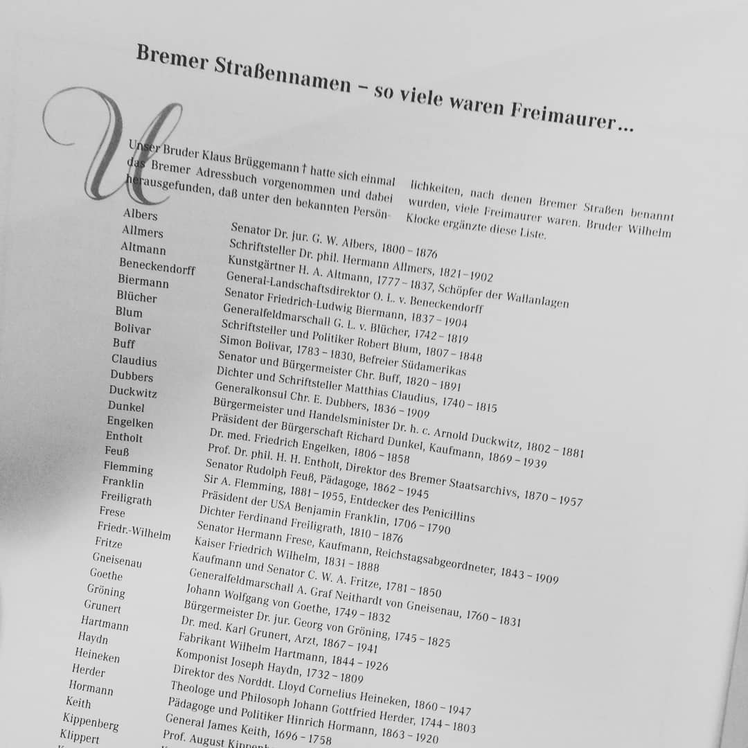 Straßen werden häufig nach bekannten Persönlichkeiten benannt. Auch in der Hansestadt gibt es hierbei zahlreiche Freimaurer, nach denen Straßen benannt wurden. Einen kleinen Ausschnitt aus unserer Zusammenstellung seht ihr hier. #freimaurer #herder #freemason #herderloge #freimaurerbremen #logenmeister #ritual #männerbund #selbstfindung #symbology #selbstreflektion #bremen #hansestadtbremen