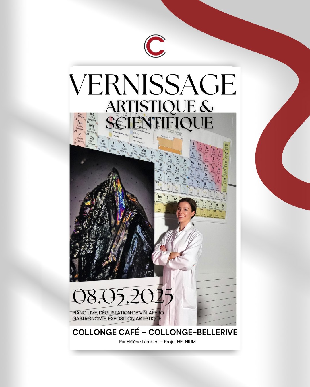 Vernissage Helnium, le 8 mai 2025 ??
Plongez dans un voyage à la croisée de la science, de l’art, de la conscience et de l’humain. Dès 18h, laissez-vous accueillir par un verre de bienvenue, dégustez des vins sélectionnés et laissez-vous porter par les notes du piano live.
À 19h30, l’artiste partagera sa vision, un message de réconciliation entre science et humanité, avant de vous inviter à poursuivre la soirée autour de l’exposition, de rencontres et d’instants musicaux.
? Collonge-Café, Chem. Château-de-Bellerive 1, Collonge-Bellerive
? 18h à 22h | ? Parking Pré-d’Orsat
Une soirée immersive et inspirante, à ne pas manquer. Venez vivre l’expérience ! ✨