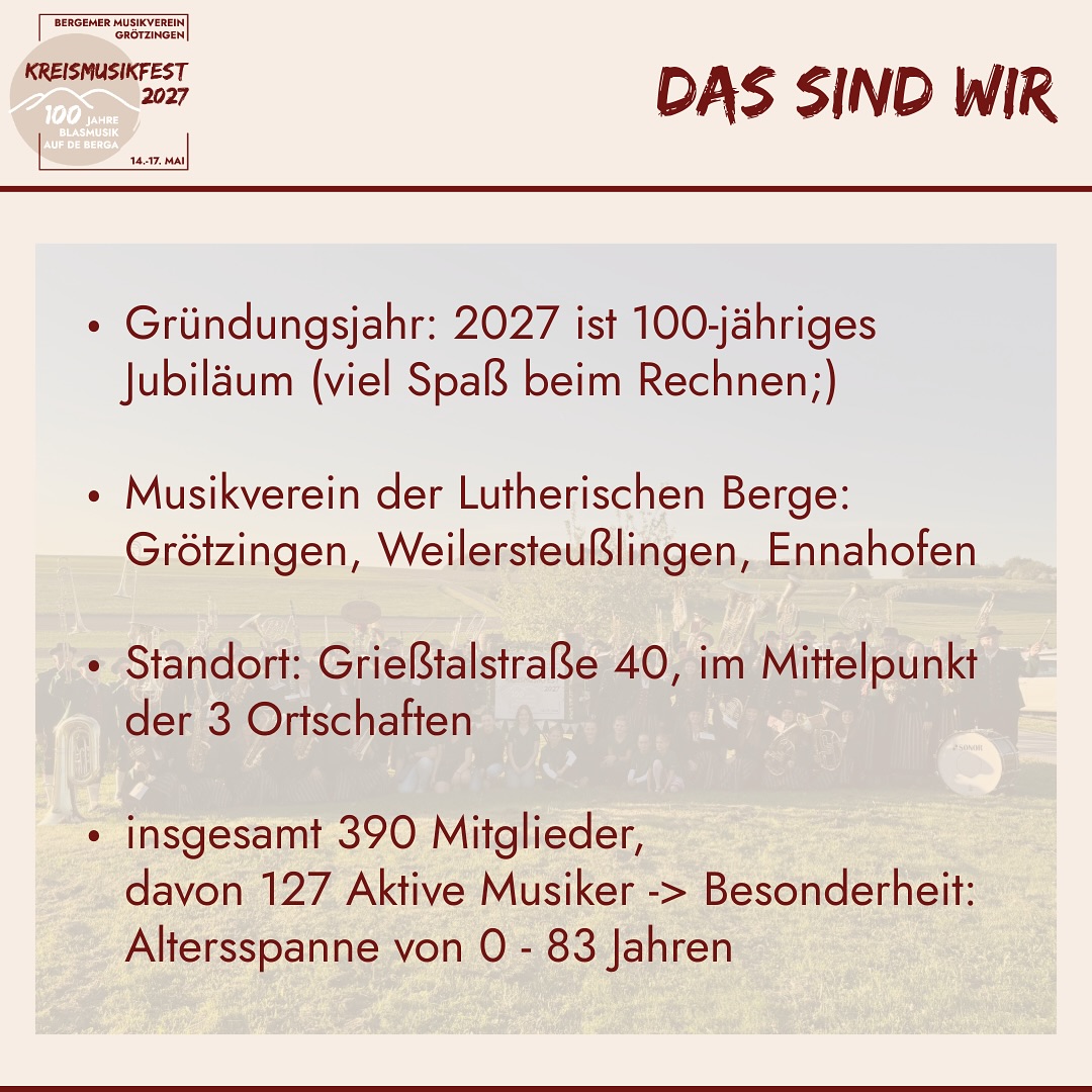 ⬆️ Das sind WIR! ⬆️
Der Bergemer Musikverein Grötzingen,
vollzählig und in neuer Montur,
den Festwagen im Schlepptau,
bereit dazu, unseren fast 100-jährigen Verein zu präsentieren.
In 2027 ist es dann endlich soweit!
Gemeinsam feiern wir diese 100 Jahre Vereinsgeschichte und laden euch herzlich zu uns auf die Berga ein.
⛰️🎶❤️