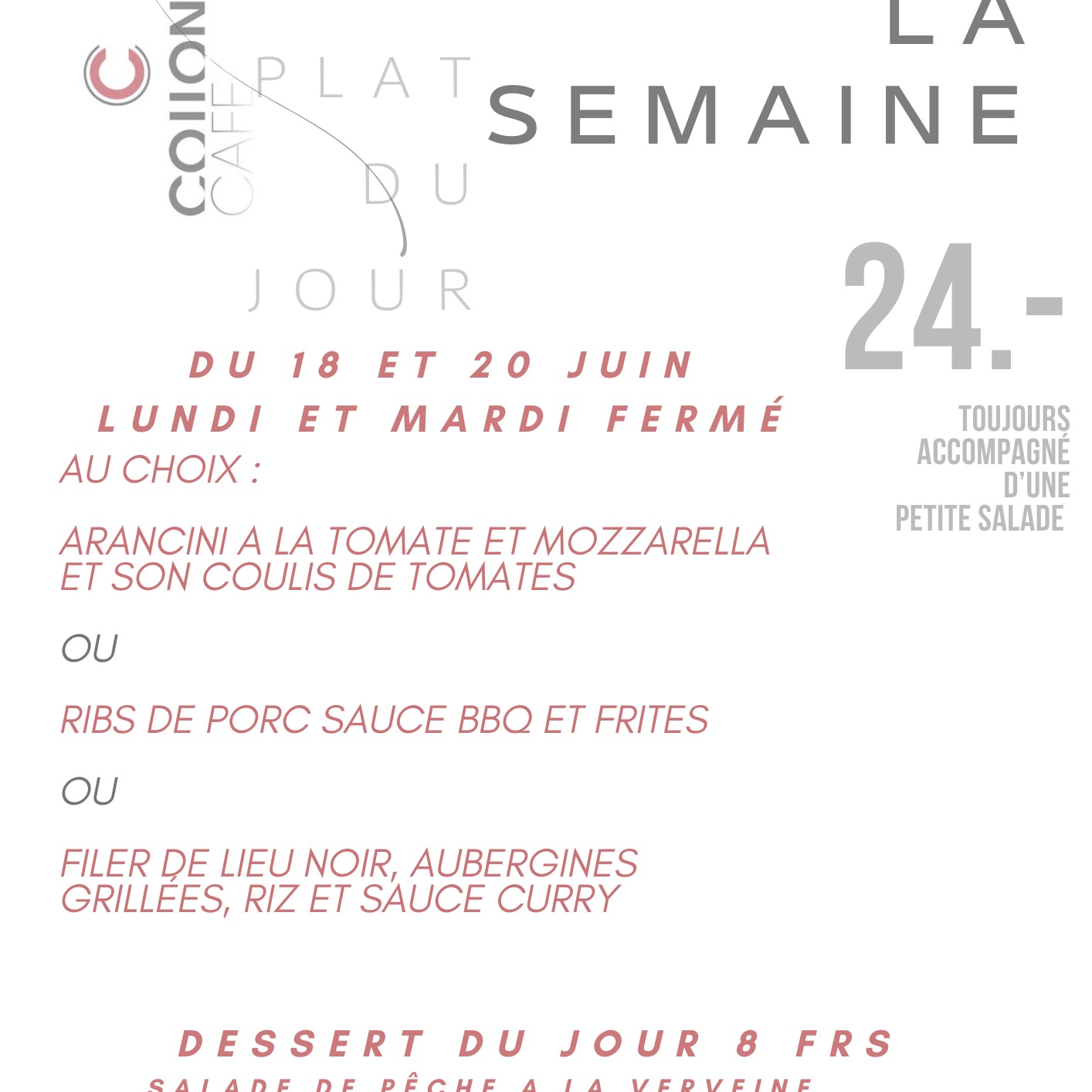 ? Cette semaine au Collonge Café
✨ Nos chefs vous régalent avec des plats du jour savoureux, faits maison avec des produits frais et de saison !
? Collonge Café – Cuisine gourmande dans une ambiance conviviale
? Réservations conseillées : 0227771245
#CollongeCafé #PlatsDuJour #CuisineDeSaison #RestaurantGourmand #BonAppétit #GeneveFood #MenuDeLaSemaine