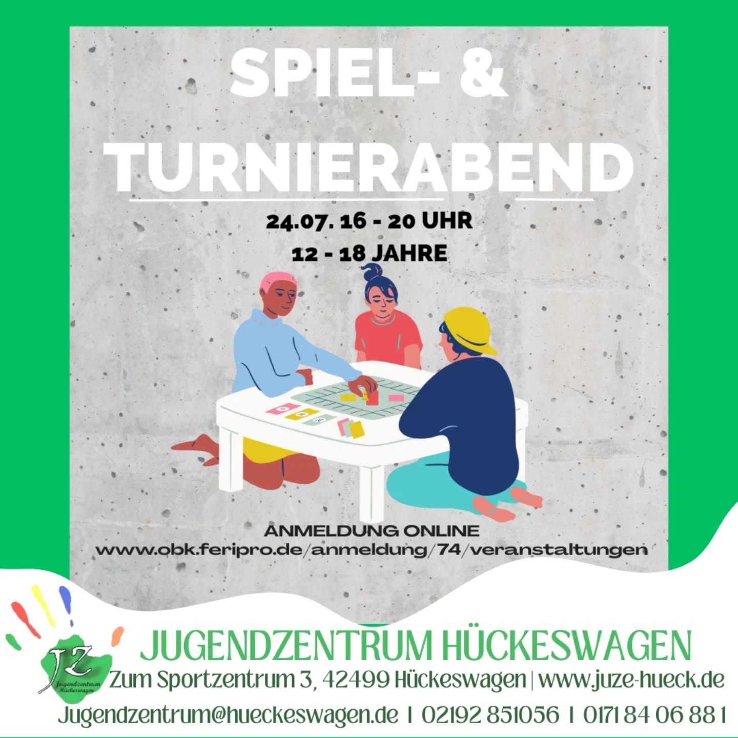 Ferienspaß - Spiel- und Turnierabend
Wir spielen verschiedene Gesellschaftsspiele, treten in Turnieren gegeneinander an und küren das beste Spiel!
Anmeldung über Ferienpro OBK (Link in der Bio)
#offenekinderundjugendarbeit #ferienspaß #sommerferien #juzehueck #hueckeswagen #spielundspaß #spieleabend #turnier