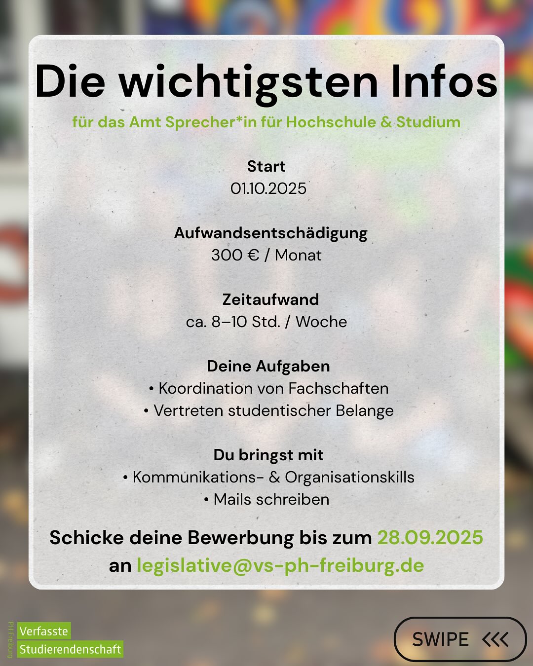 Bewirb dich jetzt als Sprecher*in für Hochschule & Studium! 🗣️
Die wichtigsten Infos findest du im zweiten Slide, die ausführliche Stellenausschreibungen auf unserer Webseite (www.vs-ph-freiburg.de)💻
Schick deine Bewerbung bis zum 28.09.2025 an legislative@vs-ph-freiburg.de 💚
#verfasstestudierendenschaft #exekutive #phfreiburg #stellenausschreibung #studium