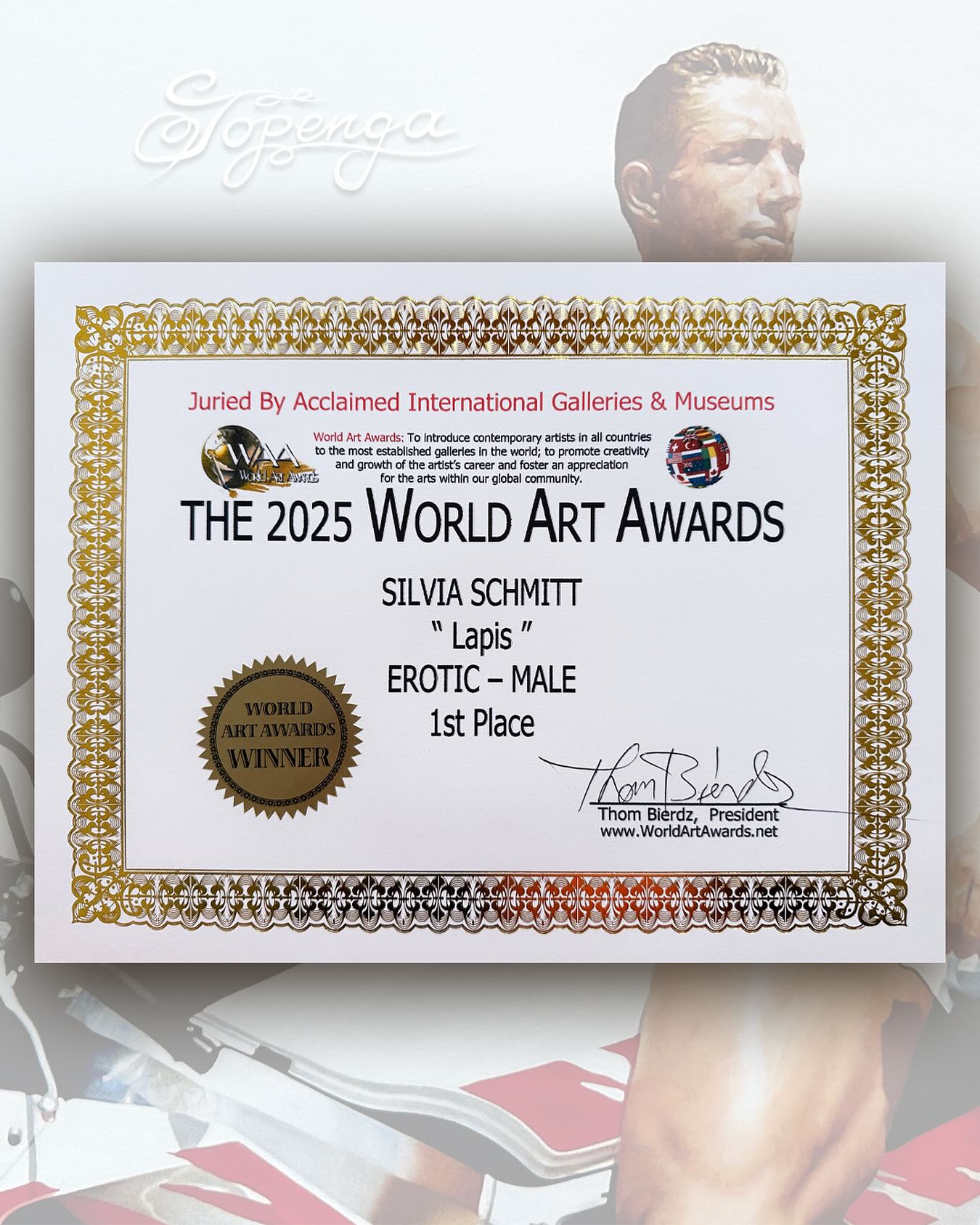 The award was already such an honour – and now the official certificate of my winning piece “Lapis” has finally arrived from California! ?✨
Holding it in my hands makes this achievement feel even more real. ?
#WorldArtAwards #ArtAward #AwardWinningArt #AwardWinningArtist #MixedMediaPainting #EroticArt #MaleFigure #ContemporaryArt #FineArtists #ArtCollectorsOfIg #ArtPrize #Topenga #TopengaArt