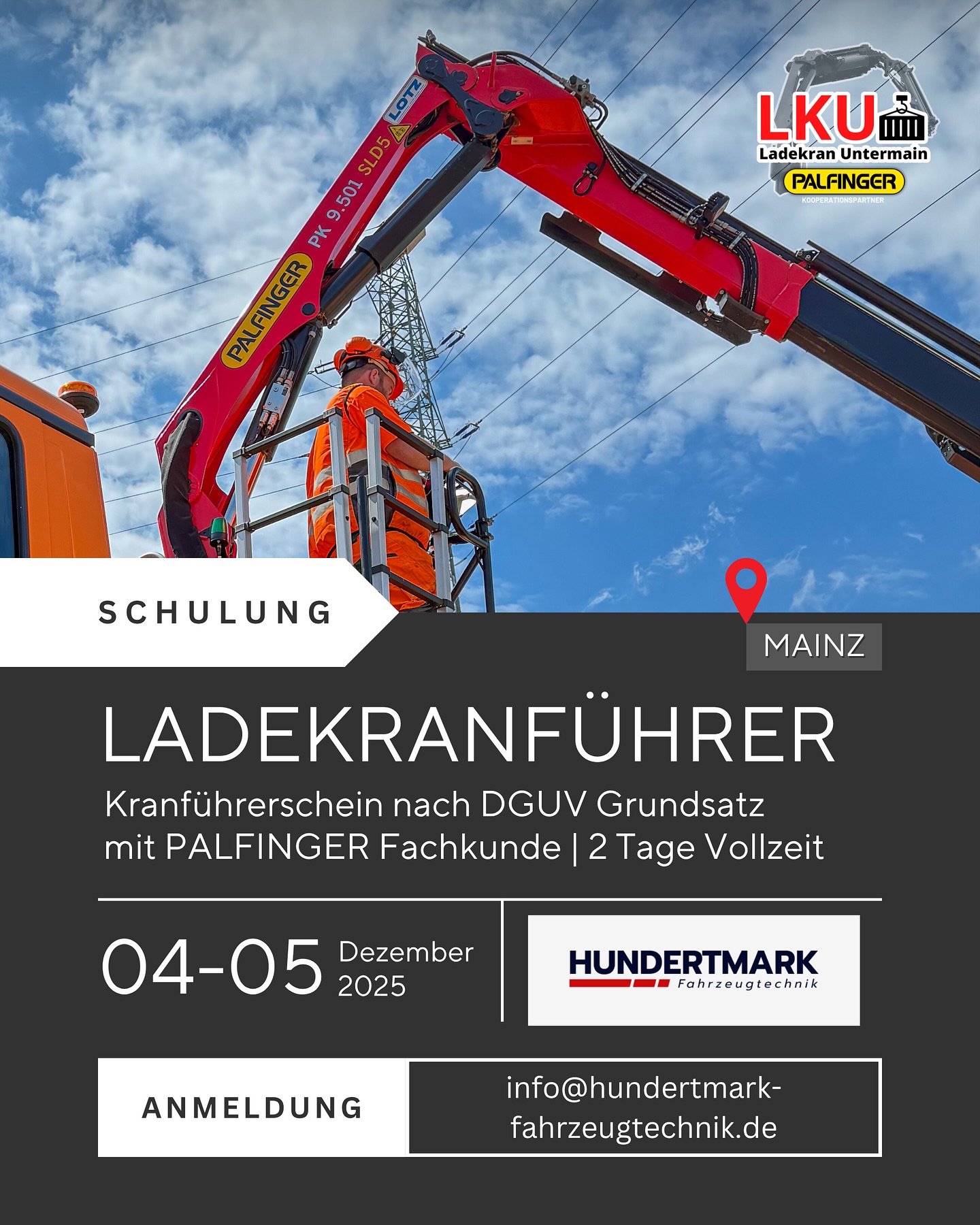 ? PALFINGER Ladekranschulung in Mainz ?
? Hundertmark Fahrzeugtechnik, Mainz
? 04.12.2025 – 05.12.2025
Ich führe gemeinsam mit dem PALFINGER Servicepartner Hundertmark Fahrzeugtechnik eine 2-tägige Schulung zur Befähigung neuer Ladekranführer (Kranführerschein) durch.
? Inhalte nach DGUV Grundsatz 309-003
? Erweiterte Fachkunde & Produktwissen speziell zur PALFINGER Ladekrantechnik
? Praxisnah & rechtssicher
? Anmeldung & Infos bei Frau Anja Hundertmark:
✉️ info@hundertmark-fahrzeugtechnik.de
? Hinweis: Plätze sind begrenzt – jetzt anmelden!
#palfinger #kranschulung #kranführerausbildung #kranführerschein #ladekrantraining #ladekranuntermain #hundertmarkfahrzeugtechnik #mainz #wiesbaden