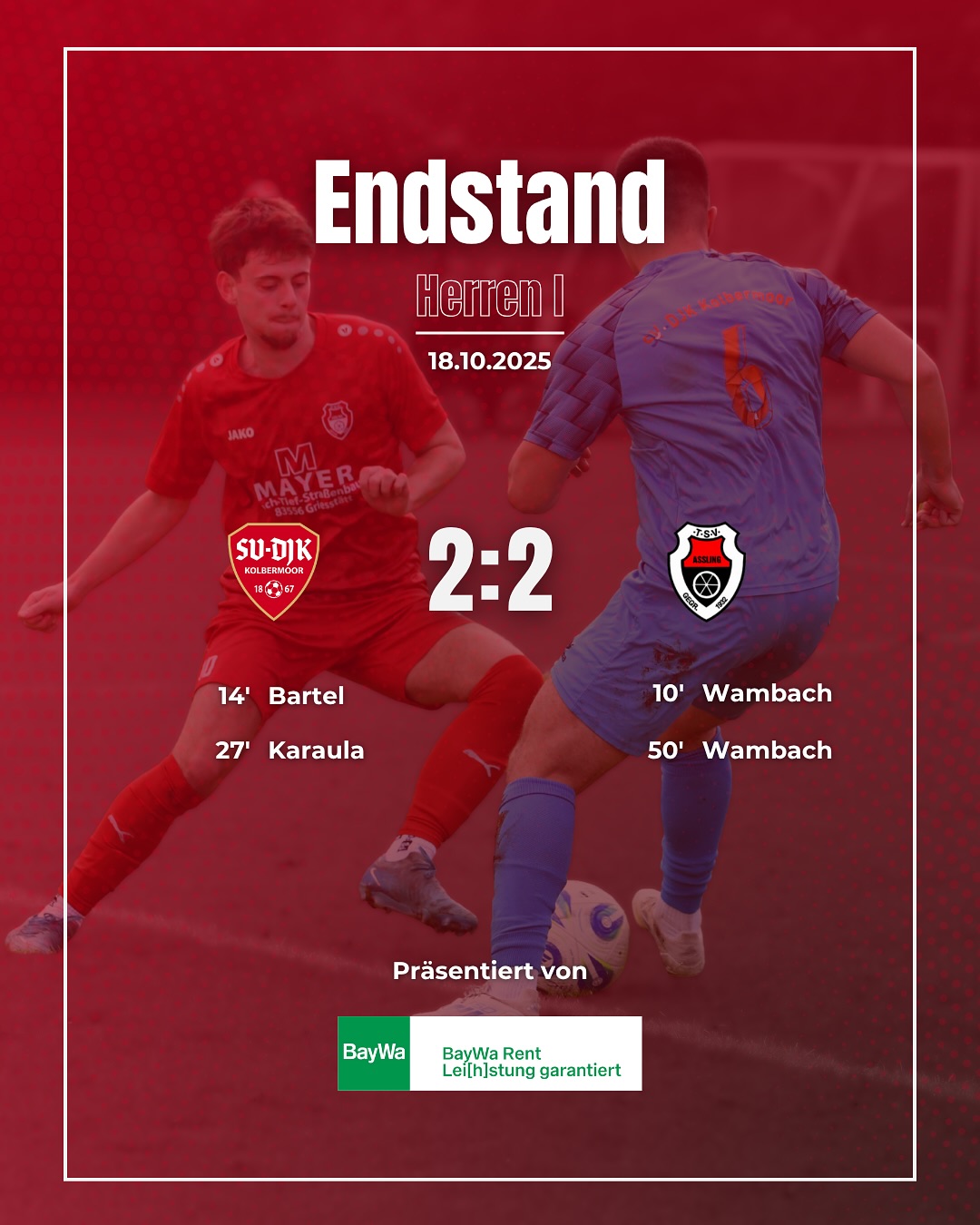 Unsere erste Mannschaft und der @tsv1932assling Teilen sich die Punkte. Damit rutschen wir leider einen Punkt in der Tabelle nach unten.
Leider reißt die Siegesserie unserer zweiten Mannschaft nach sieben Spielen gegen @svvagen_fussball und wir müssen uns am Ende mit einer deutlichen Niederlage geschlagen geben.
#SVDJKKolbermoor #Fussball #UNSschreibtmanGEMEINSAM #Heimspiele #Kolbermoor