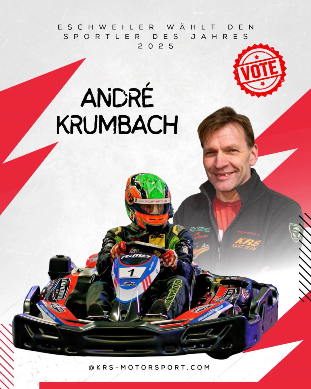 Eschweiler wählt den Sportler des Jahres 2025!
Unser Teammitglied André ist in seiner Heimatstadt Eschweiler nominiert – und das macht uns als KRS Competition Kartteam richtig stolz!
Jetzt seid ihr gefragt: Unterstützt André mit eurer Stimme – jeder Klick zählt!
? Abstimmen unter: https://lmy.de/RvoJp
? Votingzeitraum: 22.10. – 05.11.2025 (12:00 Uhr)
Teilt den Link gerne weiter und zeigt, was echter Teamgeist bedeutet!
© Bild / Plakat: Erik Forker / KRS Competition
#KRSMotorsport #KRSCompetition #KRSFamily #SportlerdesJahres #VoteForAndre #Eschweiler #MotorsportLove #motorsport #VoteNow #SupportLocalHeroes #teamspirit #kartracing #Kart #RacingPassion #racing