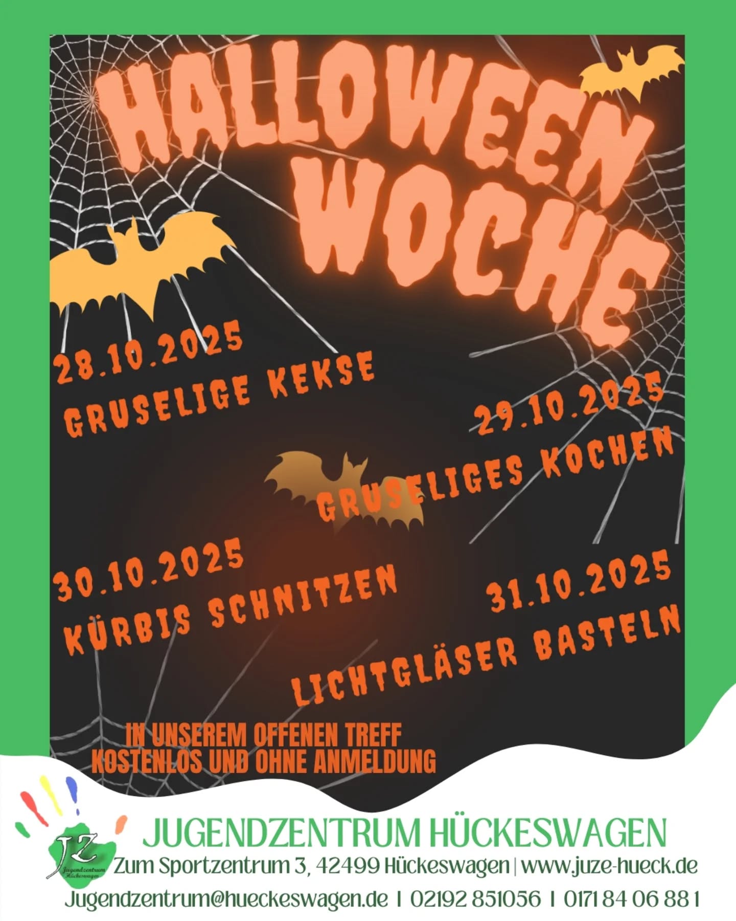 Unsere Halloween-Mottowoche im Überblick ??
Dienstag bis Freitag warten schaurig abwechslungsreiche Aktionen auf Dich!
Also komm vorbei - wir freuen uns auf Dich ?
#juzehueck #jugendzentrum #offenertreff #offenekinderundjugendarbeit #hueckeswagen