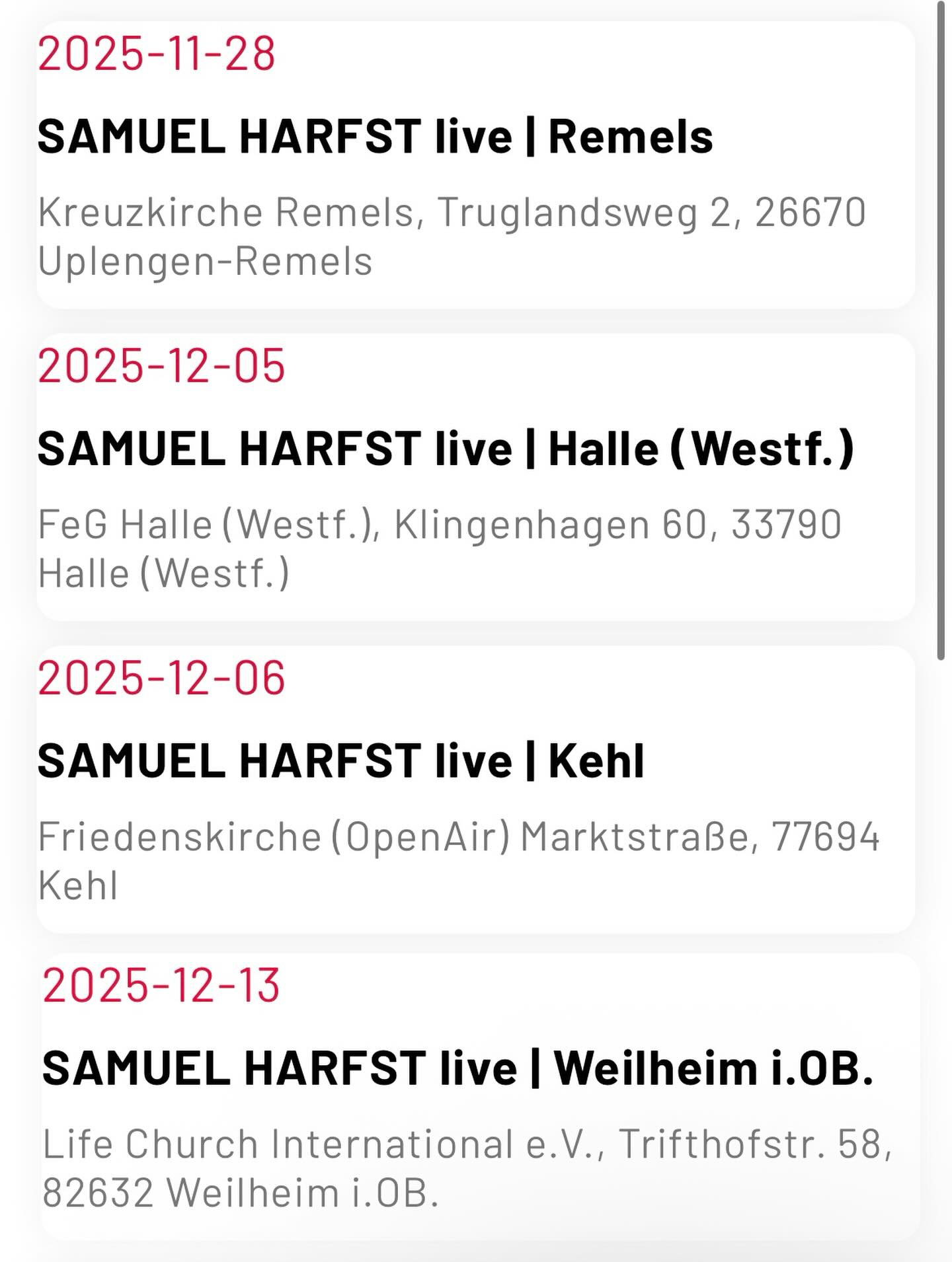 Die Tour 2025 neigt sich langsam dem Ende zu – und bevor es im Januar weitergeht, freue ich mich riesig darauf, dieses Jahr mit euch zu beschließen. ✨
Ich schaue dankbar zurück auf alles, was wir in diesem Jagr zusammen erlebt haben, und freue mich jetzt schon auf das, was im nächsten Jahr kommt.
Wie immer bin ich gespannt, welche Lieder ihr euch spontan vor Ort wünscht – das macht jeden Abend besonders.
Und sag mal: Wo sollen wir nächstes Jahr unbedingt spielen? Gibt es einen Ort oder eine besondere Location, die wir auf keinen Fall verpassen dürfen?
Schreibt’s mir gerne in die Kommentare. 🙏✨