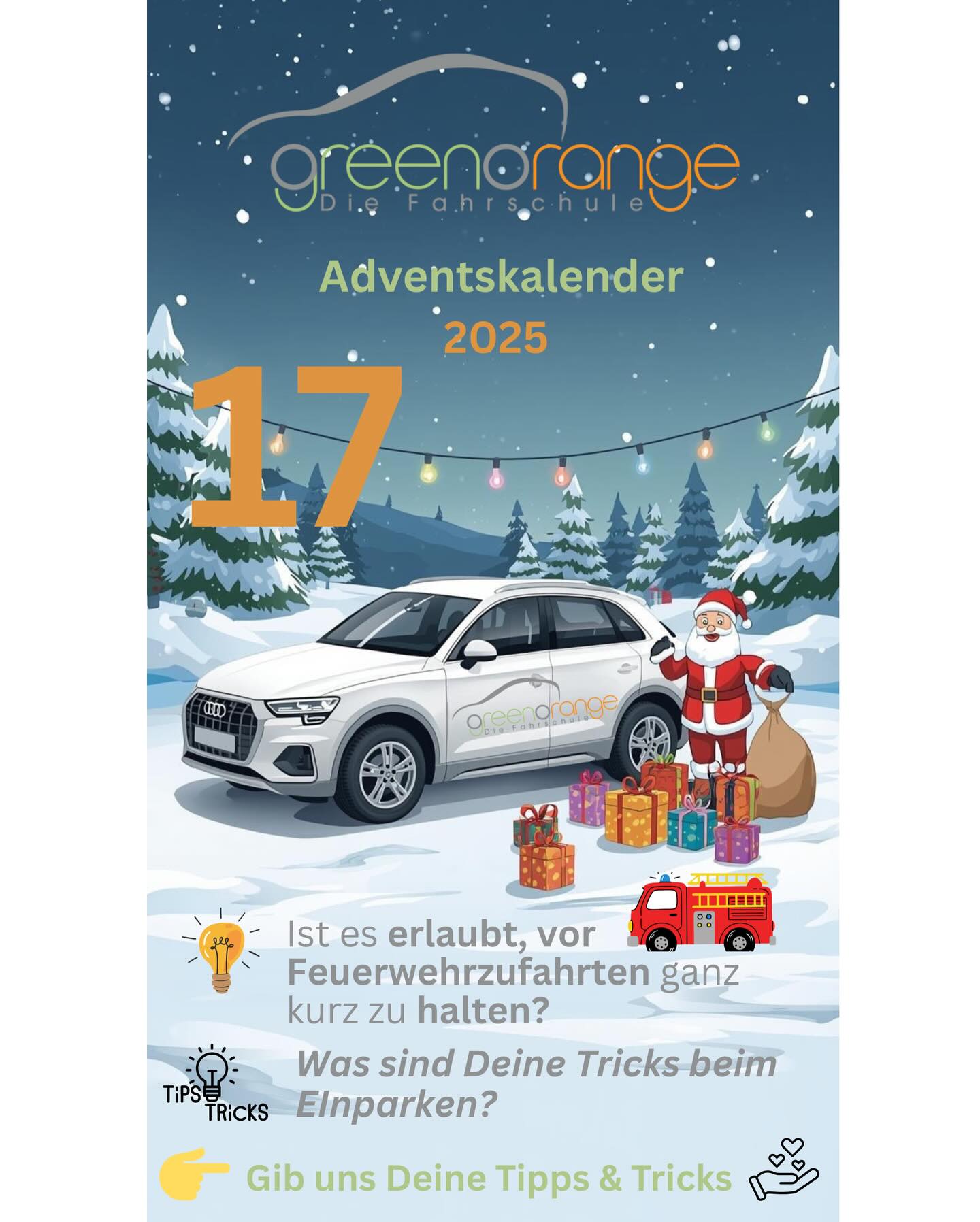 ? Türchen 17 ist geöffnet!
Darf man vor einer Feuerwehrzufahrt wirklich „nur kurz“ halten? ?
? Und was sind deine besten Einpark-Tipps & Tricks?
? Schreib’s in die Kommentare!
#fahrschüler #führerschein #advent #fyp #weihnachten