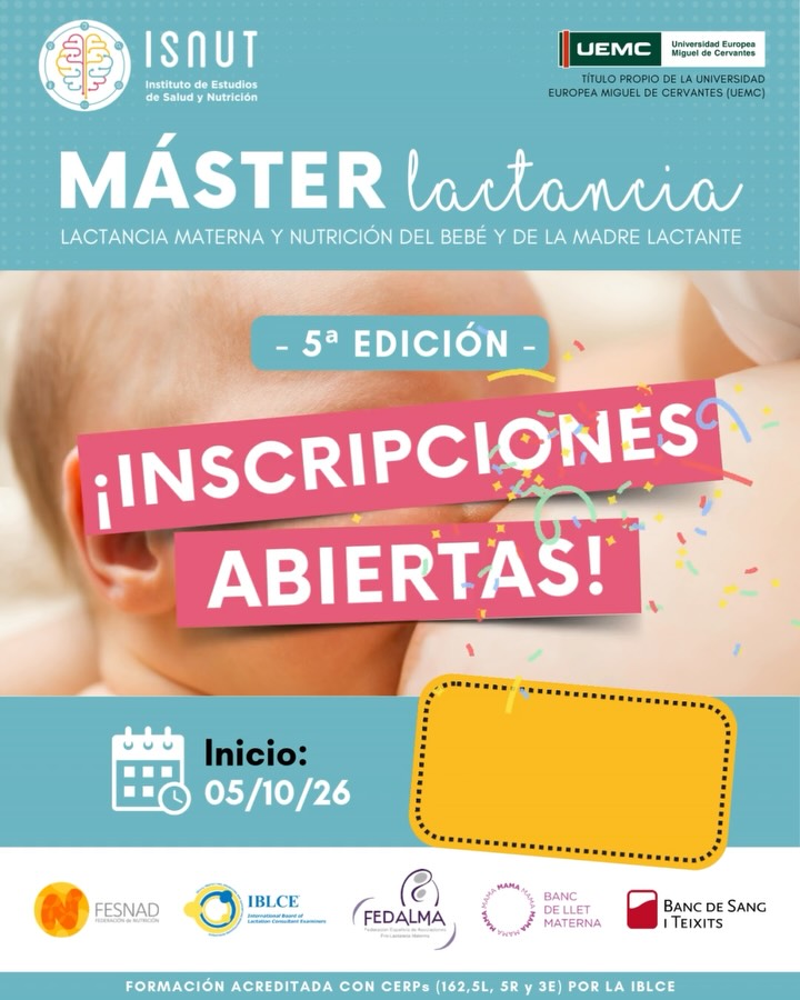 ‼️INSCRIPCIONES ABIERTAS PARA LA NUEVA EDICIÓN DEL MÁSTER EN LACTANCIA? (¡Plazas agotadas para la anterior edición!)
Estamos muy contentas y profundamente agradecidas por la increíble acogida que ha tenido la 4ª Edición de nuestro Máster en Lactancia en 2025. Gracias a todas las profesionales inscritas por confiar en ISNUT y por seguir formándoos para mejorar la salud pediátrica día a día?
Aprovechamos para informaros de que YA ESTÁN ABIERTAS LAS INSCRIPCIONES PARA LA 5ª EDICIÓN, que dará comienzo el 5 de Octubre de 2026. Si quieres asegurar tu plaza, ya puedes reservarla.
Gracias por seguir creciendo con nosotras y por apostar por una formación rigurosa, humana y basada en la evidencia científica?⚕️
Más info en info@isnut.es, www.isnut.es y en el link de nuestra BIO.
#isnut #isnutformaciones #formacionesquenutren #lactanciamaterna #formacionlactancia