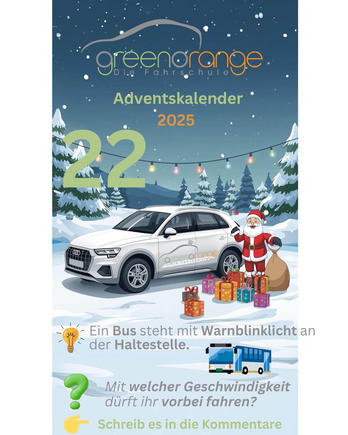 ? Türchen 22 ist geöffnet!
Ein Bus steht mit Warnblinklicht an der Haltestelle ?
? Mit welcher Geschwindigkeit darfst du vorbeifahren?
? Schreib es in die Kommentare!
#fahrschule #advent #adventskalender #weihnachten #fyp