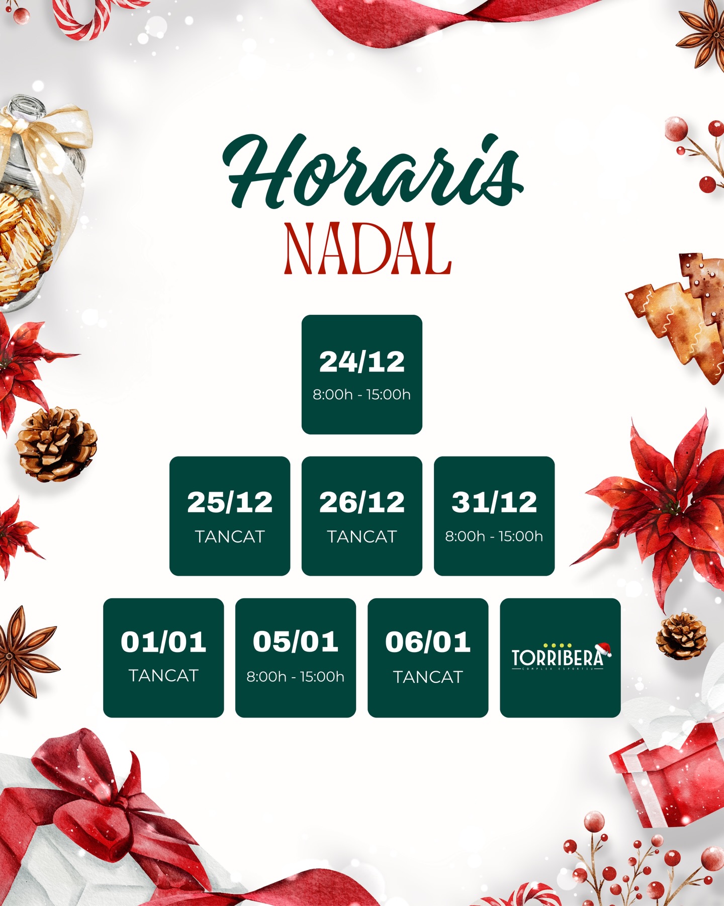 ? Horaris especials de Nadal ?
? Aquestes festes seguim actius amb alguns canvis:
✅ Obert: 24/12, 31/12 i 05/01 → 8:00h a 15:00h
? Tancat: 25/12, 26/12, 01/01 i 06/01
Ens veiem aquest nadal a la pista de pàdel, tennis i pickleball! ??
#Nadal #Esport #Padel #Tenis #Pickleball