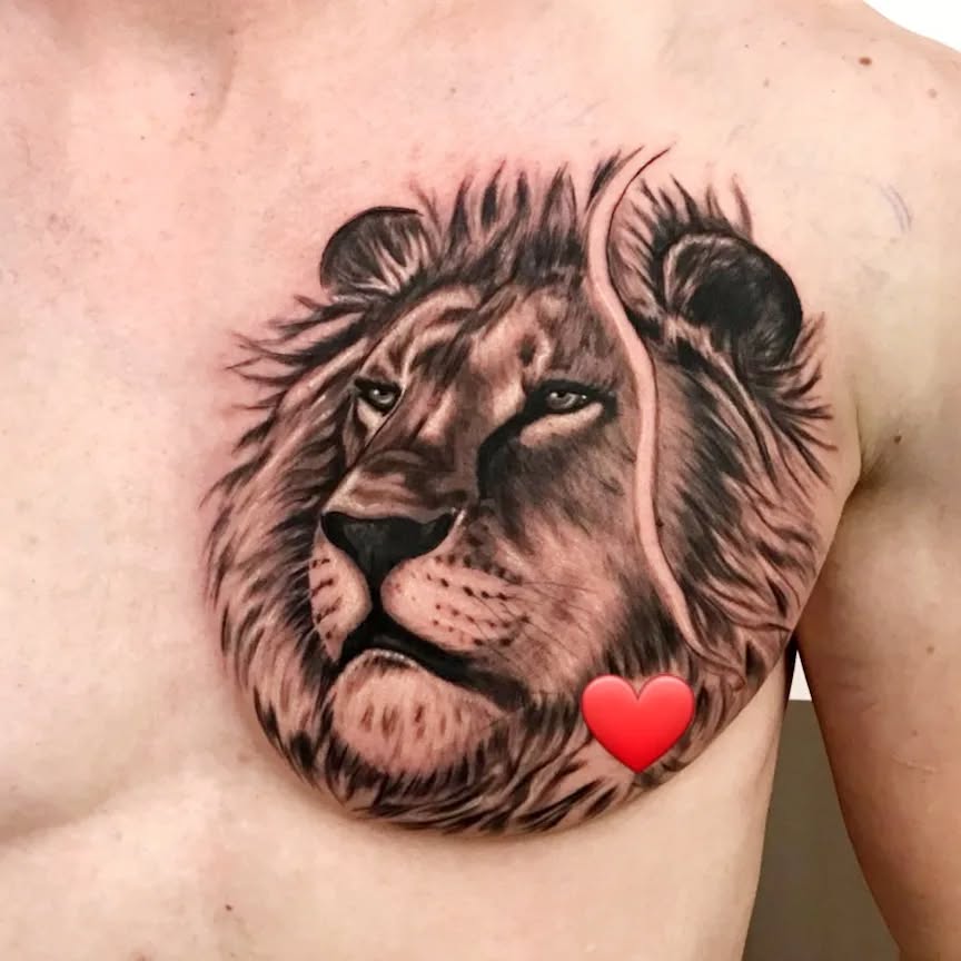 Tattooindustry.ch am Fischmarkt 2 in Liestal im Stedtli...work by ?Isabel Sarcone ? chest tattoo first step #tattoo #tattoos #tattooinspiration #tattooideas #tattooidea #realistictattoo #blackandgreytattoo #tattomagazine #best.tattoo.styles #tattoindustry #lion #liontattoo #ink #inked #löwentattoo #liestal