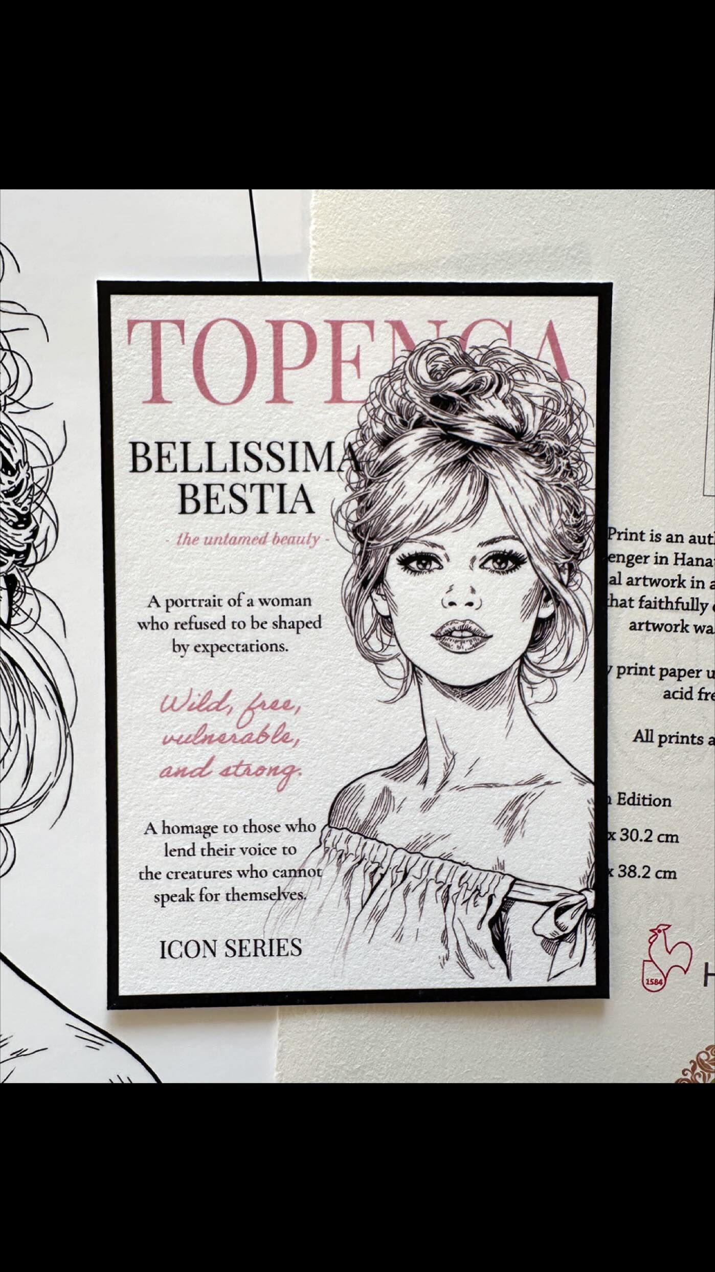 A tribute to timeless elegance.
Bellissima Bestia — Icon Series.
Hand‑signed and certified FineArt print on Hahnemühle Photo Rag® Ultra Smooth paper.
Now available.
#FineArtPrint #Hahnemühle #TombowMONO #BristolPaper #BrigitteBardot #IllustrationSketch #Bardot #IconSeries #InkDrawings #InkIllustrations #InkAndPen #Topenga #TopengaArt