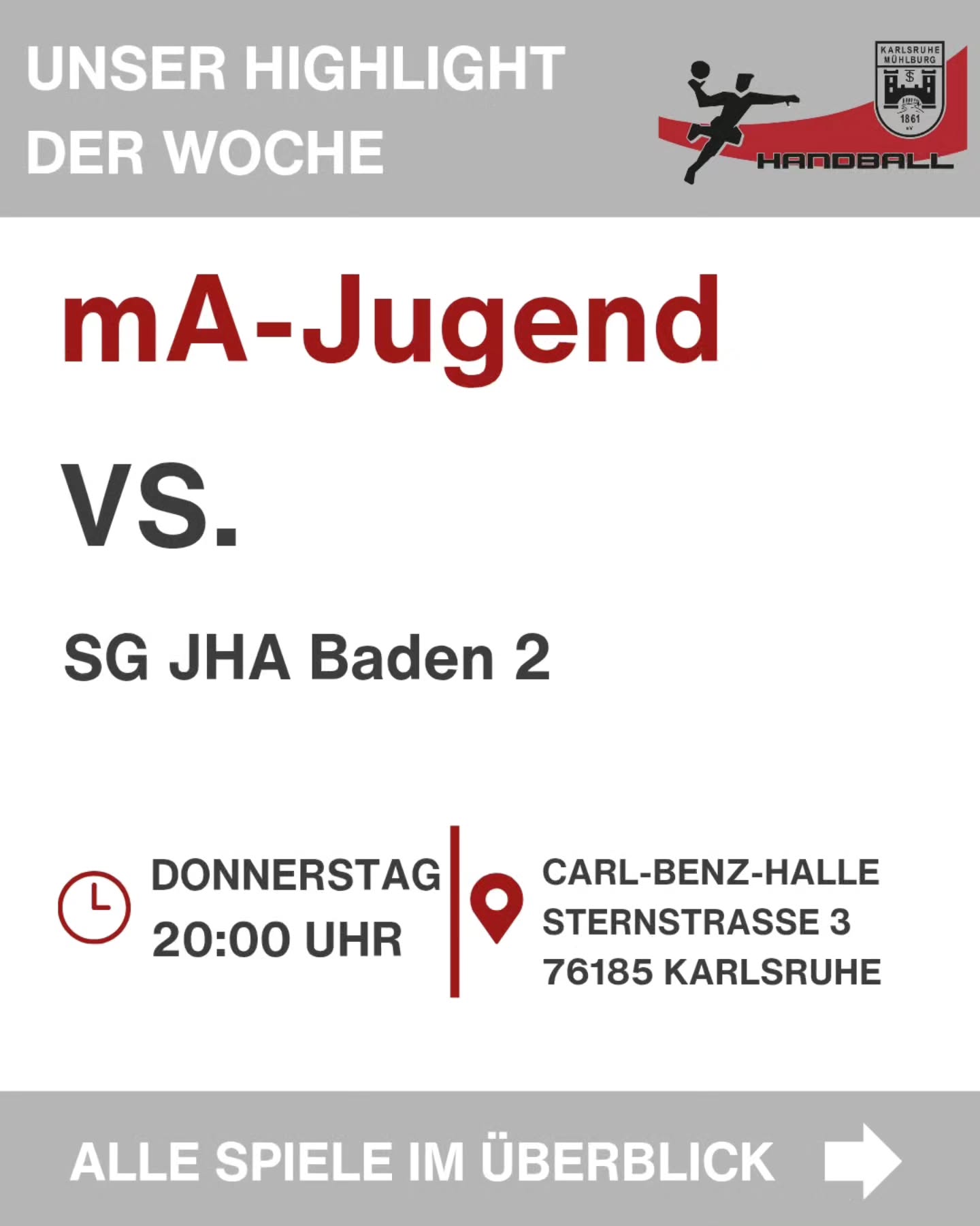 ‼️Nachholspiele ‼️
Dieses Mal beginnt unser Spieltagswochenende bereits am Donnerstag mit einem Nachholspiel der männlichen A-Jugend und der Damen.
Wir wünschen allen Teams viel Erfolg 🤞🏼
#amateurhandball #tsmühlburg #anfeuernkönnenwir