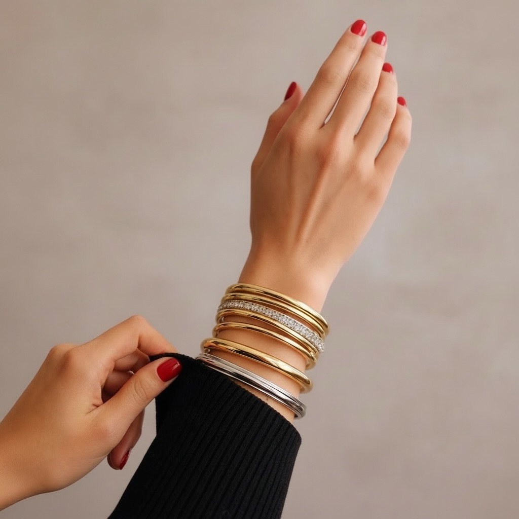 Less is more – vor allem, wenn es glänzt ✨
Unsere Armreifen lassen sich perfekt stacken und machen jedes Outfit sofort edel.
Gold, Silber oder beides? 🤍
#stackinglove #armreifenliebe #nursdesign
