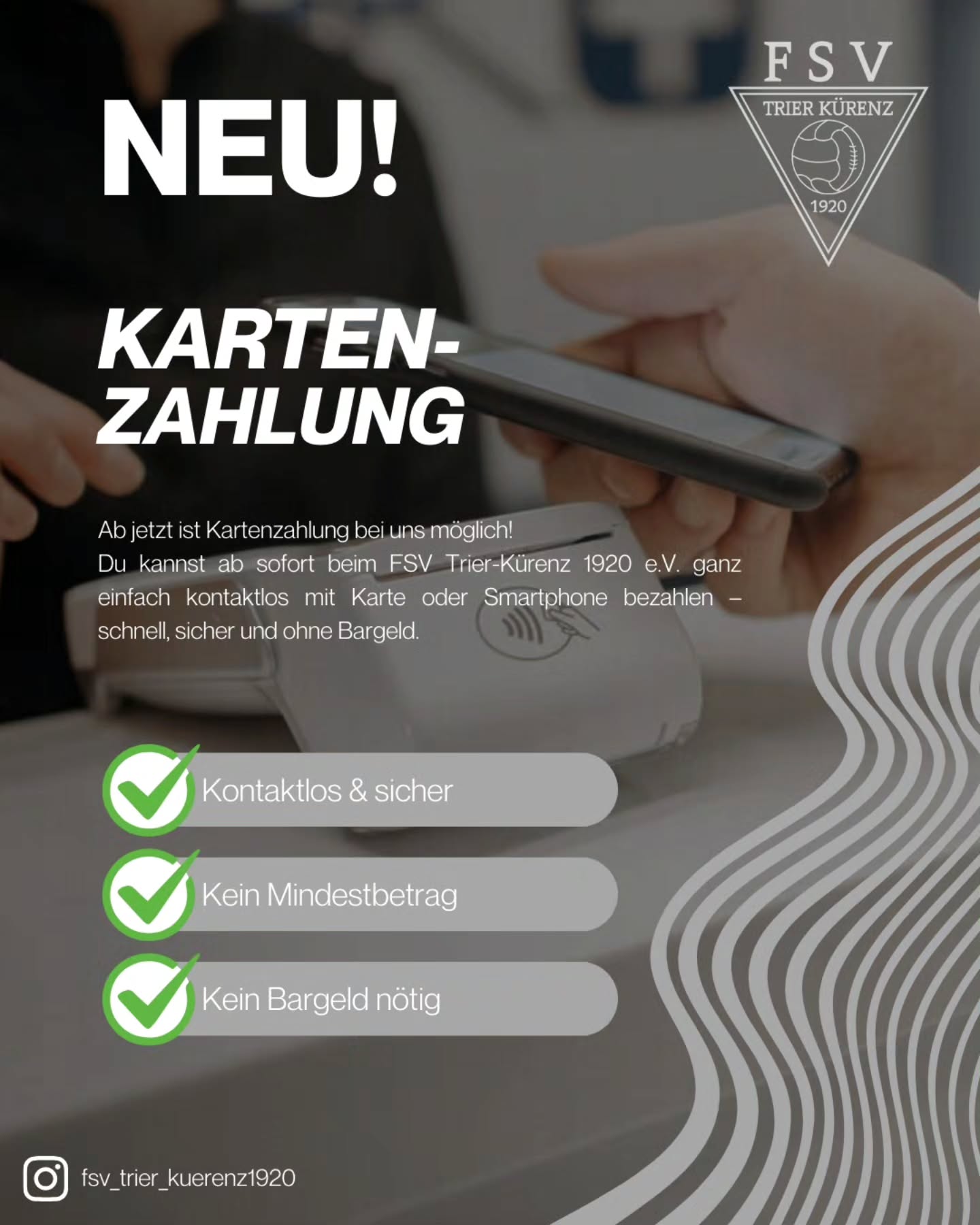 ? Neu ab sofort: Kontaktlos bezahlen mit Karte! ?
Du hast kein Bargeld dabei? Kein Problem!
Ab sofort ist es bei uns möglich, schnell und bequem kontaktlos mit Karte zu bezahlen – ganz unabhängig vom Betrag. Selbstverständlich könnt ihr weiterhin wie gewohnt auch bar zahlen. Damit habt ihr die freie Wahl und noch mehr Flexibilität.
__________
#kartenzahlung #new #kontaktlos #flexibilität #fsv