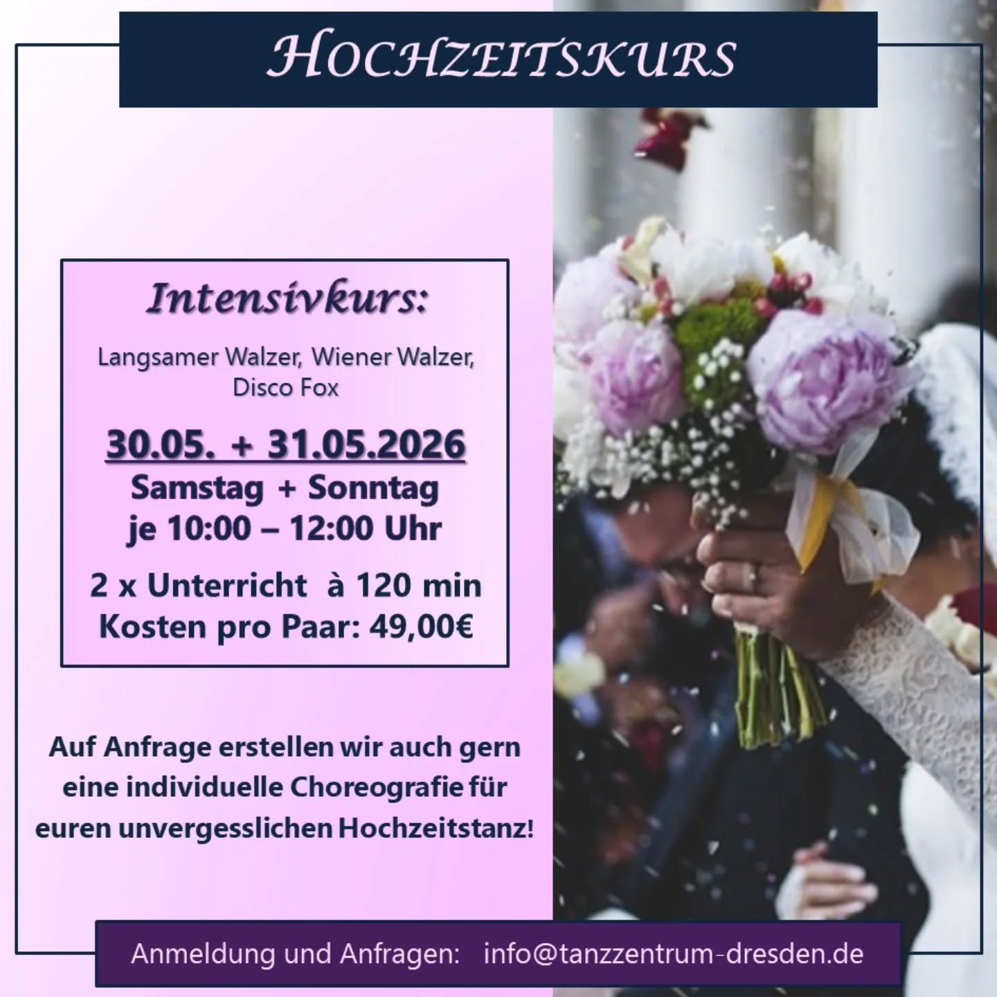 ‼️ Neuer Paartanz Kurs‼️
Im Mai bieten wir einen Hochzeitsvorbeteitungskurs im Intensivformat an. An einem Wochenende lernt Ihr die wichtigsten Tänze und Schritte, um bei jeder Hochzeit auf der Tanzfläche zu glänzen! 🤩
Der Kurs ist für Hochzeitspaare geeignet, aber auch für alle, die als Gäste geladen sind oder ohne anstehende Hochzeit die gängigsten Paartänze an einem Wochenende lernen wollen.
Bei Fragen könnt ihr uns jederzeit anschreiben.
Wir freuen uns auf euch!
Link zur Anmeldung in Bio.
#hochzeit #heiratenindresden #hochzeitindresden #hochzeitstanz #hochzeitskurs