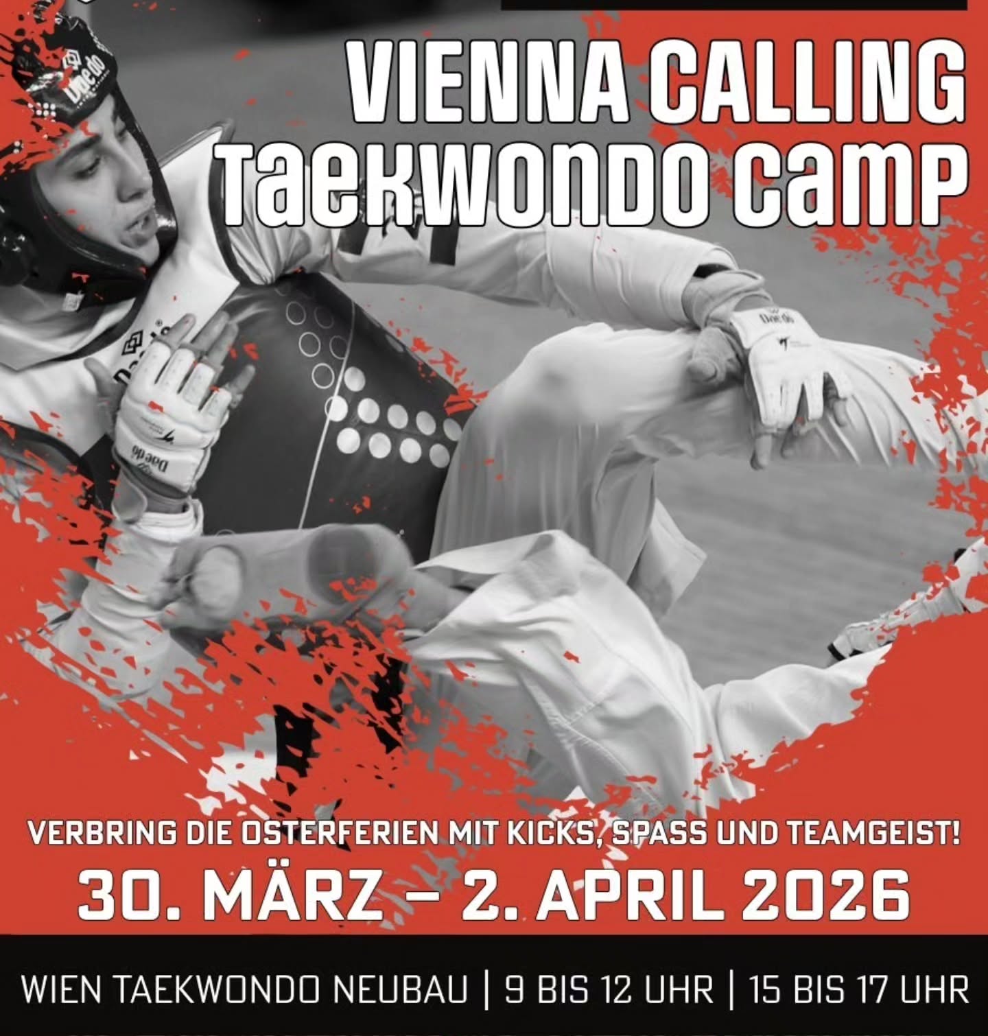 🥋 VIENNA CALLING 🥋 Taekwondo Camp für Kinder & JugendlicheVerbring die Osterferien mit Kicks, Spaß und Teamgeist!📅 30. März – 2. April 2025 📍 Wien Taekwondo Centre9 bis 17 UhrVier Tage voller Action, Training und unvergesslicher Erlebnisse – für alle Levels, von Anfänger bis Wettkampfsportler!Was euch erwartet: Techniktraining · Konditionstraining · Sparring · Spiele & Teamaktivitäten🎯 Für Kinder & Jugendliche von 9 bis 19 Jahren 💪 Professionelles Coaching auf höchstem Niveau 🏅T-Shirt & Überraschungen für alle Teilnehmer!Jetzt anmelden – Plätze begrenzt!WWW.TKD.WIENAb dem 2. Geschwisterkind bekommt ihr satte 30 € Rabatt – weil Familien zusammenhalten!In der Mittagspause gibt es Spiele und Filme. Bitte bringt euer eigenes Essen mit – ihr könnt es im Kühlschrank lagern und in der Mikrowelle aufwärmen.