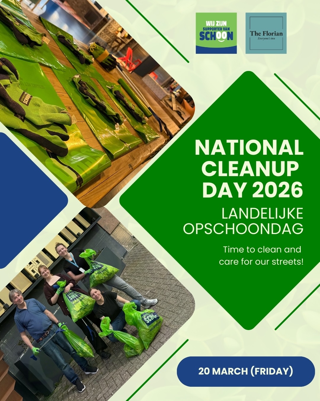 Join us for National Cleanup Day 2026 at The Florian Hotel! ♻️
Next Friday, March 20, we’ll come together with neighbours, guests, workers, friends, and locals to keep our surroundings clean and make a real impact for a healthier planet.
? Date: Friday, March 20, 2026
⏰ Time: 10:00 – 12:00
? Location: The Florian Hotel, Kruisweg 609, 2132 NA, Hoofddorp (near Schiphol Airport)
We’ll provide all the materials you need, just bring your energy and dedication to a cleaner world! ?
? Interested in joining? Send us a message and we’ll take care of the rest. Let’s make a difference together!
#NationalCleanupDay #CleanUpTogether #HoofddorpCommunity #SustainableHospitality #TheFlorianHotel ?