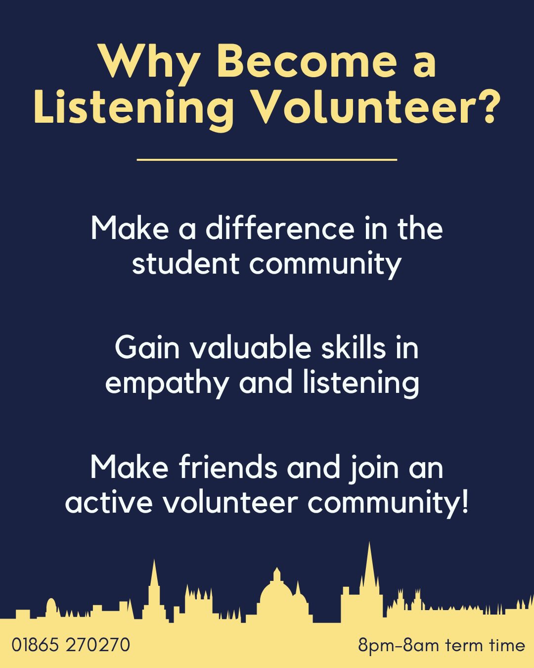You can still sign up to volunteer for Nightline in the upcoming training cycle! Training takes place over 3 days: either Saturdays of 9th, 16th, and 23rd May or Sundays of 10th, 17th, and 24th May.
Sign up using the link in our bio, and don’t hesitate to email us at training@oxfordnightline.org if you have any questions!
Oxford Nightline is an anonymous and confidential listening, support and information service run for and by students of Oxford Brookes University and the University of Oxford. We aim to provide every student in Oxford with the opportunity to talk to someone in confidence and without judgment.
#oxfordnightline #oxford #oxforduniversity #oxfordbrookes