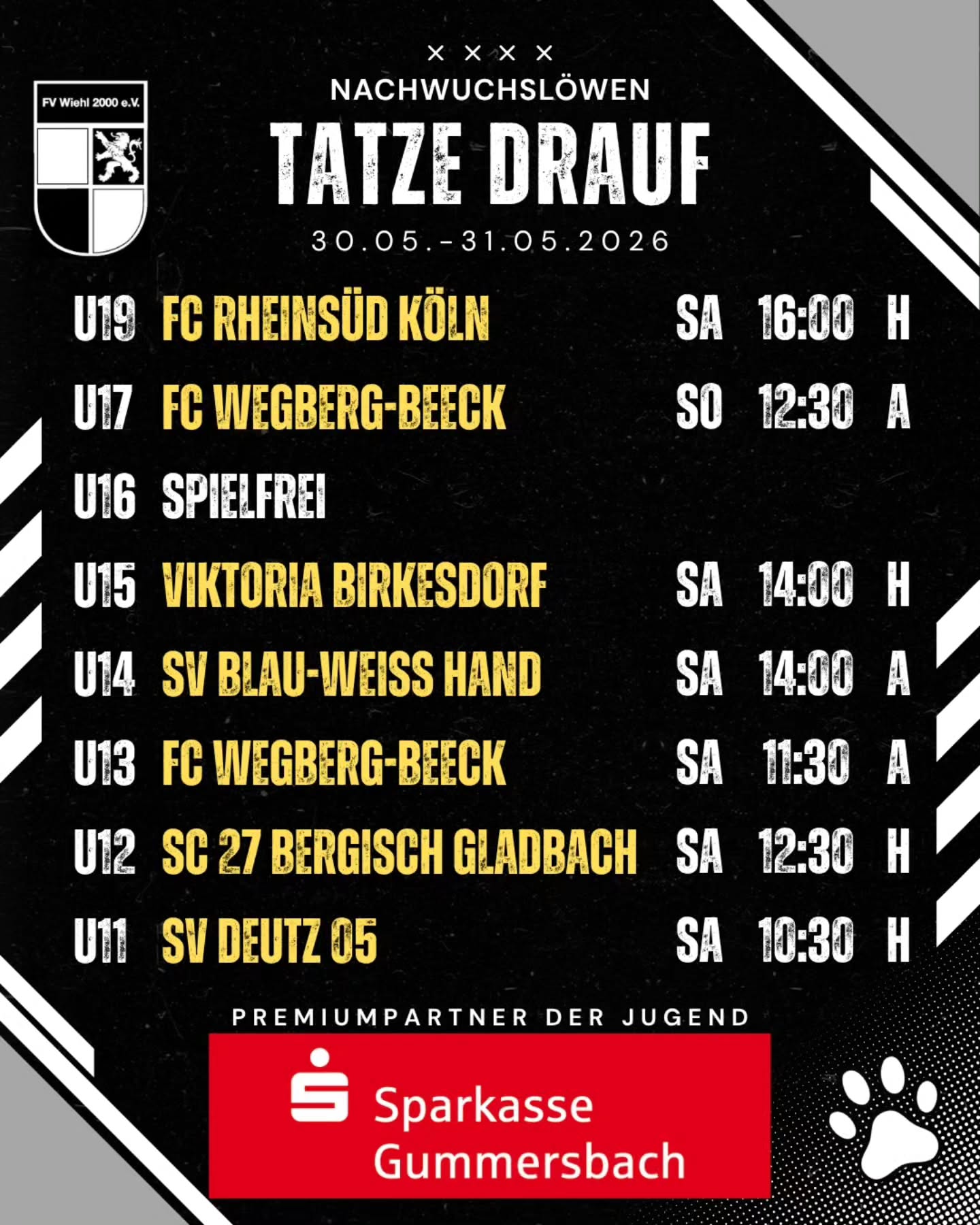 ? An diesem Wochenende kämpfen unsere Nachwuchslöwen wieder um Punkte in der Meisterschaft oder testen in Freundschaftsspielen ihre Form ⚽
Heute gibt's bereits einen Überblick zu den anstehenden Paarungen, von denen am Samstag 4️⃣ Spiele auch auf der Walter-Lück-Sportanlage ?️ stattfinden werden.
Unsere Nachwuchslöwen freuen sich auf euren Besuch! ??
#nachwuchsloewen #mitdemloewenaufderbrust #weilwirdichlieben #fuerdenfv