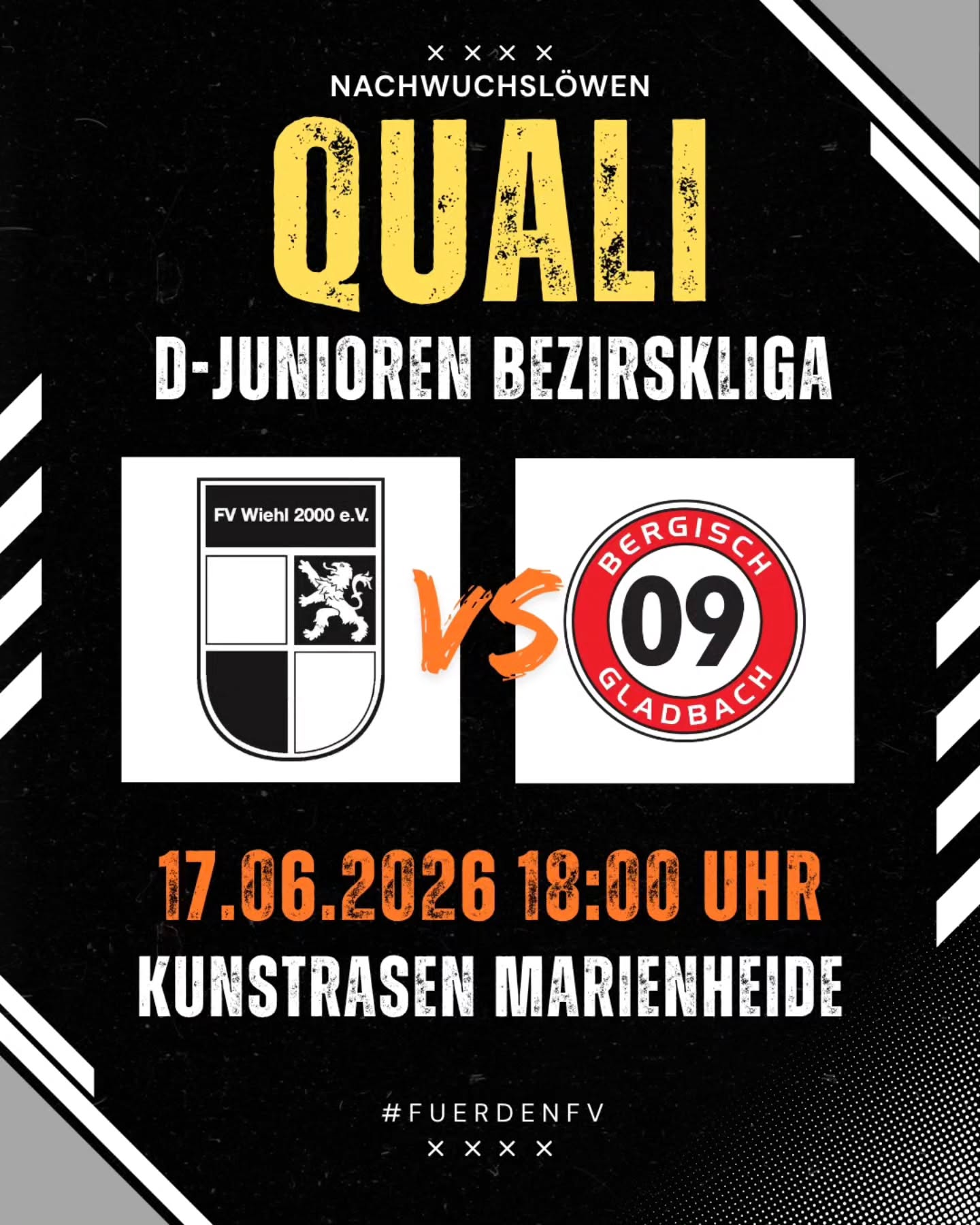 ? Endspiel um den Aufstieg in die D-Junioren Bezirksliga
Für unseren Jahrgang 2014 geht es am heutigen Abend mit dem vierten und letzten Spieltag der Quali-Spiele zur D-Junioren Bezirksliga 2026/2027 weiter. ⚽
In einer Vierergruppe kämpfen unsere Nachwuchslöwen um das Ticket für den Bezirksliga-Aufstieg. ? Nach einem starkem 2:2-Remis an Spieltag 1 gegen den SV Bergisch Gladbach 09 und einem 3:2-Derbyerfolg an Spieltag 2 über die JSG Homburg, gewann der Wiehler Nachwuchs an Spieltag 3 mit 2:0 gegen den Heiligenhauser SV.
Heute findet nun das Entscheidungsspiel gegen den SV 09 statt, da beide Teams punktgleich mit 7 Punkten an der Tabellenspitze stehen. Gespielt wird in Marienheide auf neutralem Platz.
Wir drücken die Daumen! ?? Die Mannschaft freut sich auf eure Unterstützung. Auf geht's, Löwen! ?
#fuerdenfv #mitdemloewenaufderbrust #weilwirdichlieben #nachwuchsloewen