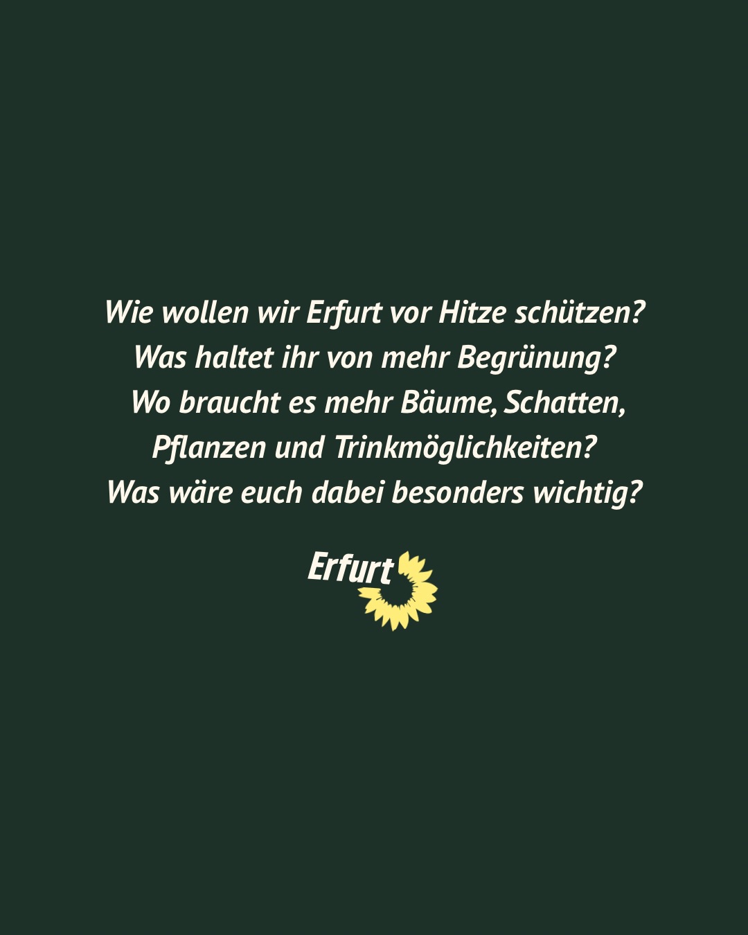 So könnte der Anger aussehen…oder der Domplatz…🌳🌿
Wie wollen wir Erfurt vor Hitze schützen?
Was haltet ihr von mehr Begrünung?
Wo braucht es mehr Bäume, Schatten, Pflanzen und Trinkmöglichkeiten?
Was wäre euch dabei besonders wichtig?
Passt bei der Hitze auf euch auf. Hitzeschutz ist Gesundheitsschutz.
#erfurt #grüneerfurt #hitzeschutz #grünwirkt #menschenschutz