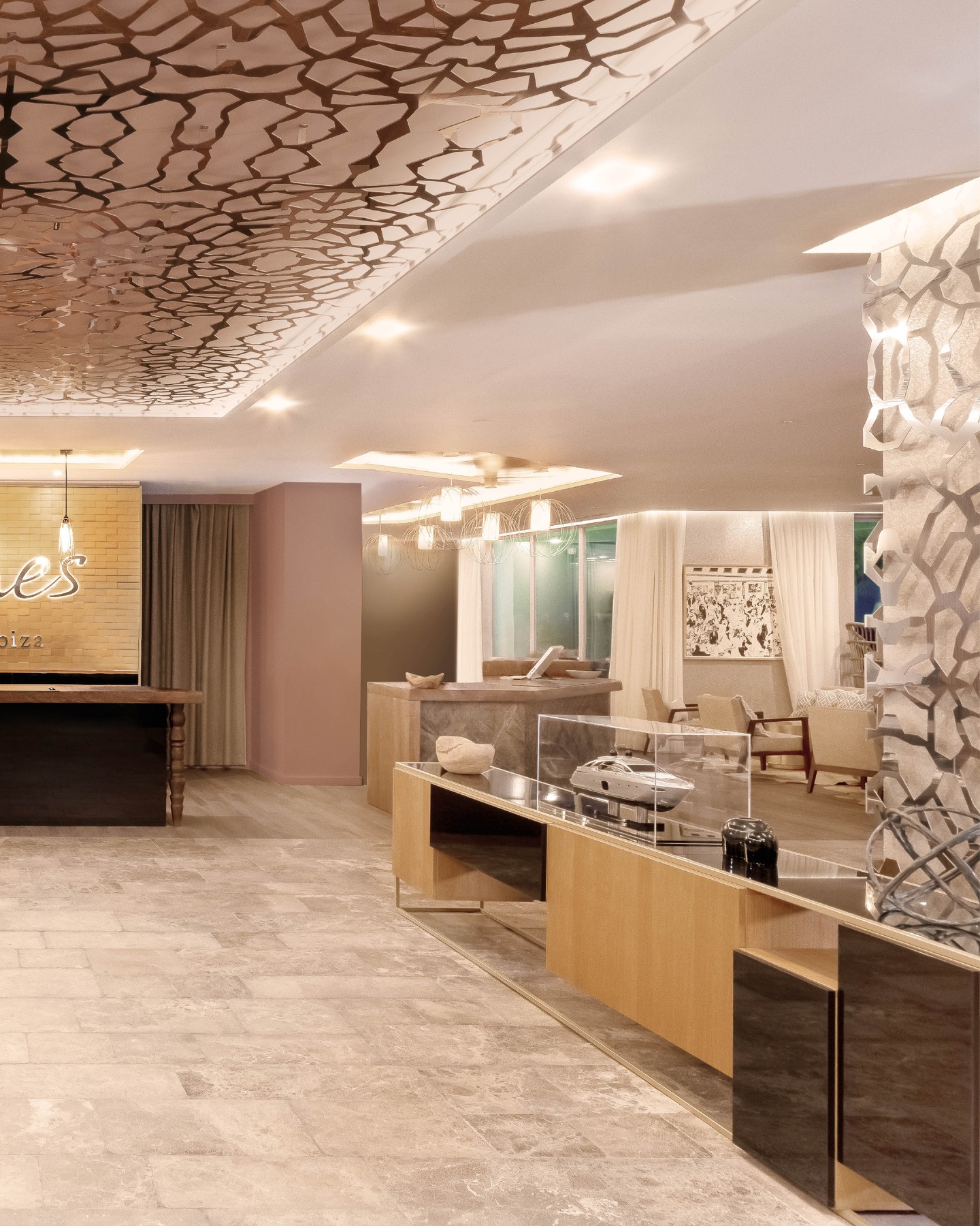 One of our favorites: 7Pines Resort Ibiza
Completed in 2018, the 7Pines Resort Ibiza, part of Destination by Hyatt, continues to be a project we're especially fond of.
The opportunity was to design public areas that didn't feel imposed on the landscape, spaces that read as native to the island rather than layered on top of it. Each space was conceived to feel like part of its surroundings, not set against them.
Rather than treating materials as decoration, the public areas were built around a dialogue between raw and smooth surfaces, natural textures, and shifting heights, immersing the design into its environment. Across the lobby, bars and restaurants, this plays out differently in every space, yet always circles back to the same idea.